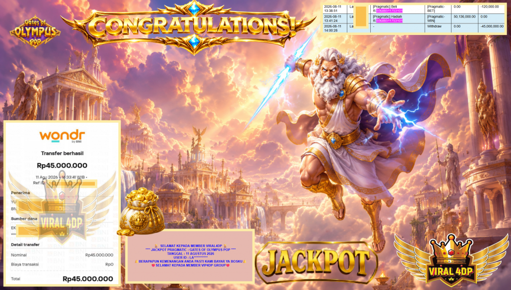 VIRAL4DP JACKPOT PRAGMATIC ” GATES OF OLYMPUS POP ” Rp45.000.000,- LUNAS