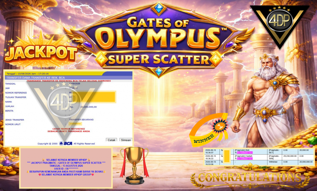 VIP4DP JACKPOT PRAGMATIC ” GATES OF OLYMPUS SUPER SCATTER ” Rp20.000.000,- LUNAS