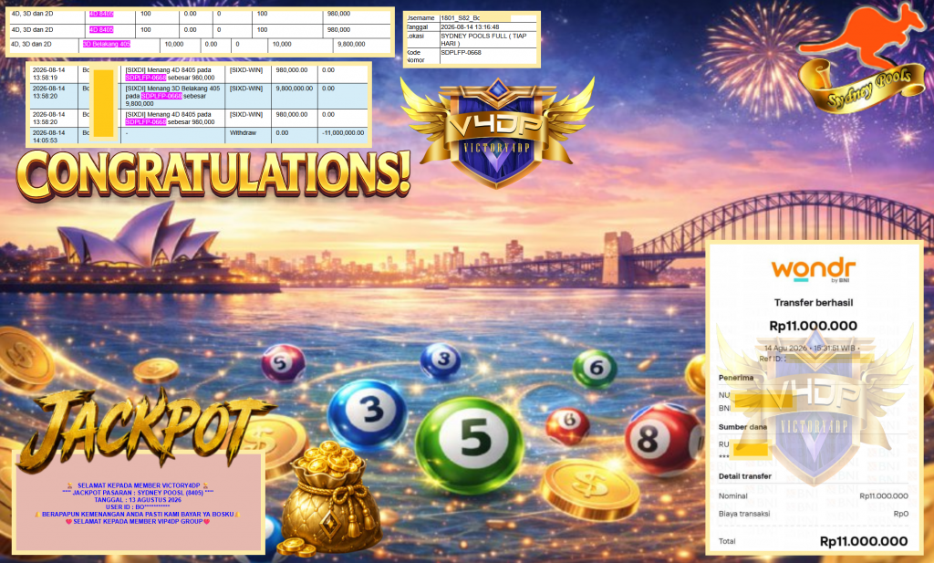 VICTORY4DP JACKPOT PASARAN ” SYDNEY POOSL (8405) ” Rp11.000.000,- LUNAS