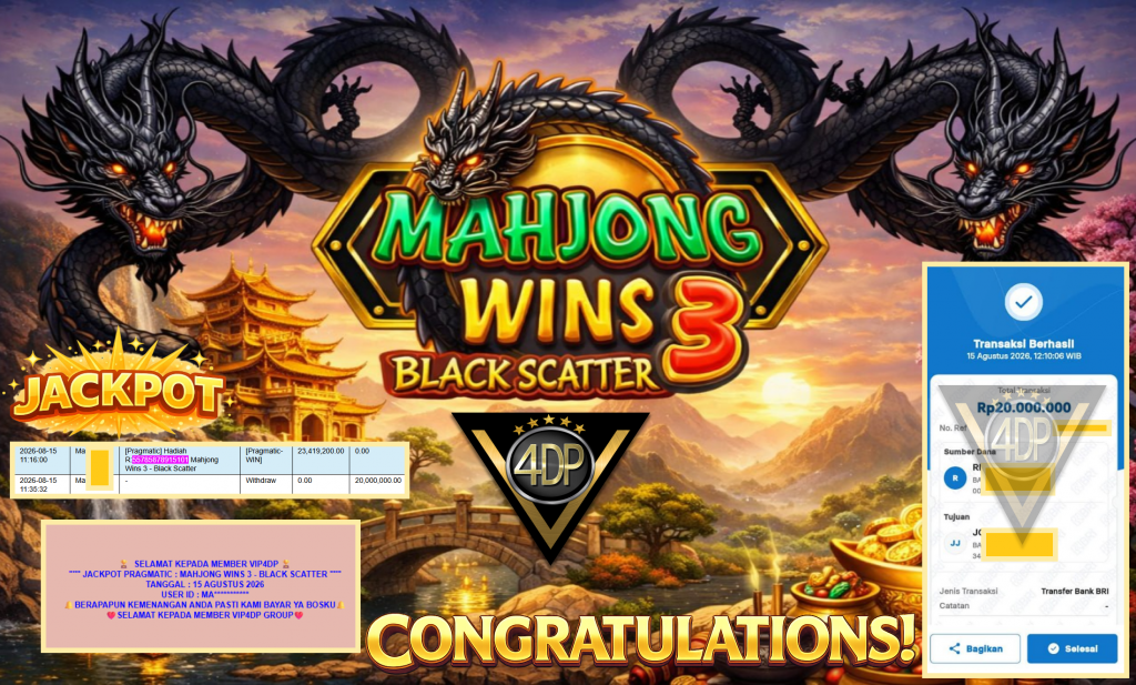 VIP4DP JACKPOT PRAGMATIC ” MAHJONG WINS 3 – BLACK SCATTER ” Rp20.000.000,- LUNAS