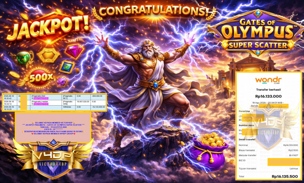 VICTORY4DP JACKPOT PRAGMATIC ” GATES OF OLYMPUS SUPER SCATTER ” Rp16.133.000,- LUNAS
