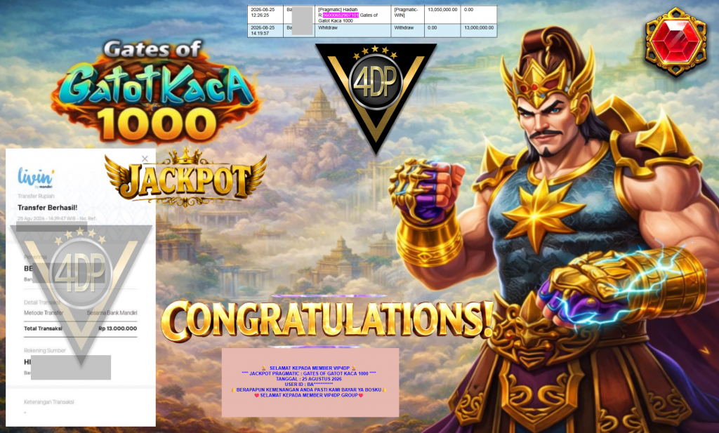 VIP4DP JACKPOT PRAGMATIC ” GATES OF GATOT KACA 1000 ” Rp13.000.000,- LUNAS