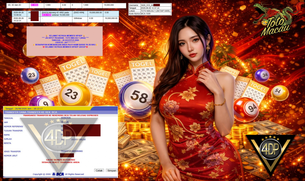VIP4DP JACKPOT PASARAN ” TOTO MACAU 1 (4062) ” Rp19.000.000,- LUNAS
