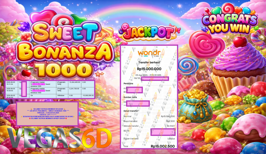 VEGAS6D JACKPOT PRAGMATIC ” SWEET BONANZA 1000 ” Rp15.000.000,- LUNAS