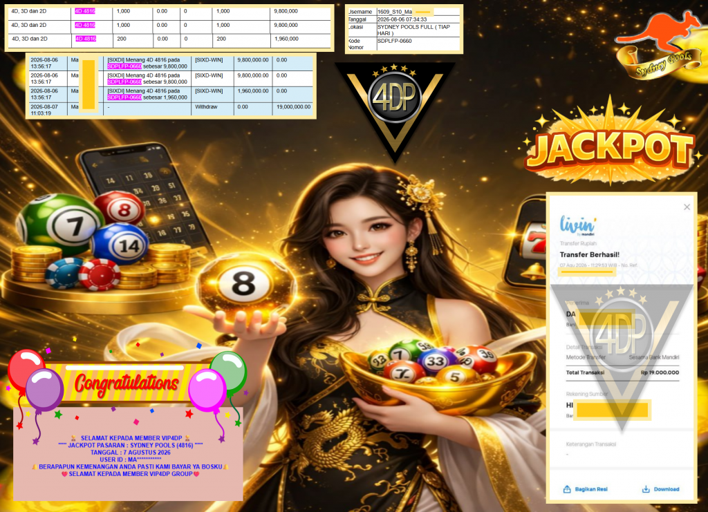 VIP4DP JACKPOT PASARAN ” SYDNEY POOLS (4816) ” Rp19.000.000,- LUNAS