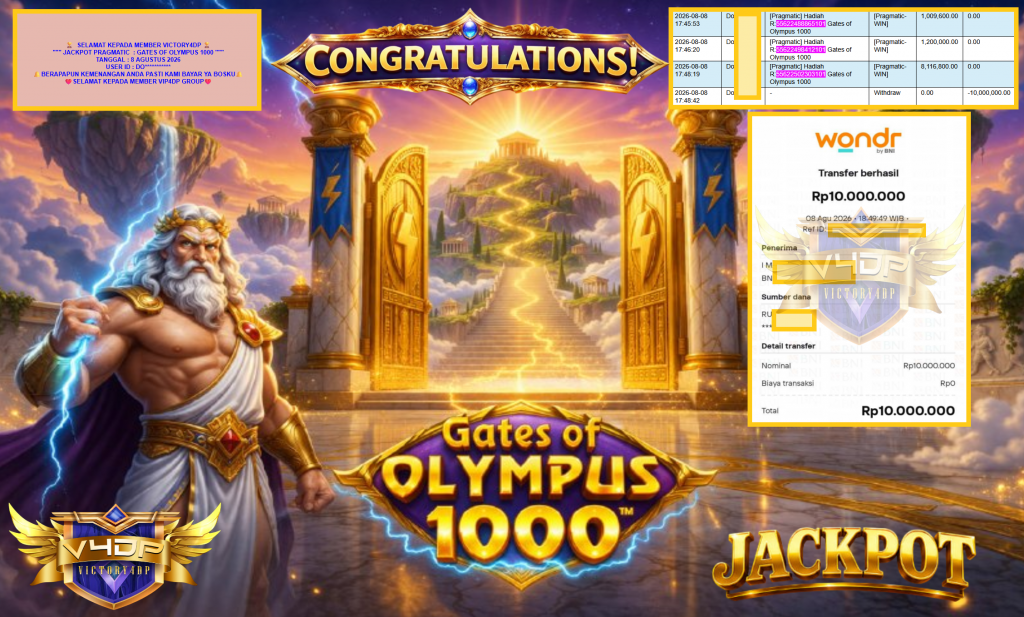 VICTORY4DP JACKPOT PRAGMATIC ” GATES OF OLYMPUS 1000 ” Rp10.000.000,- LUNAS