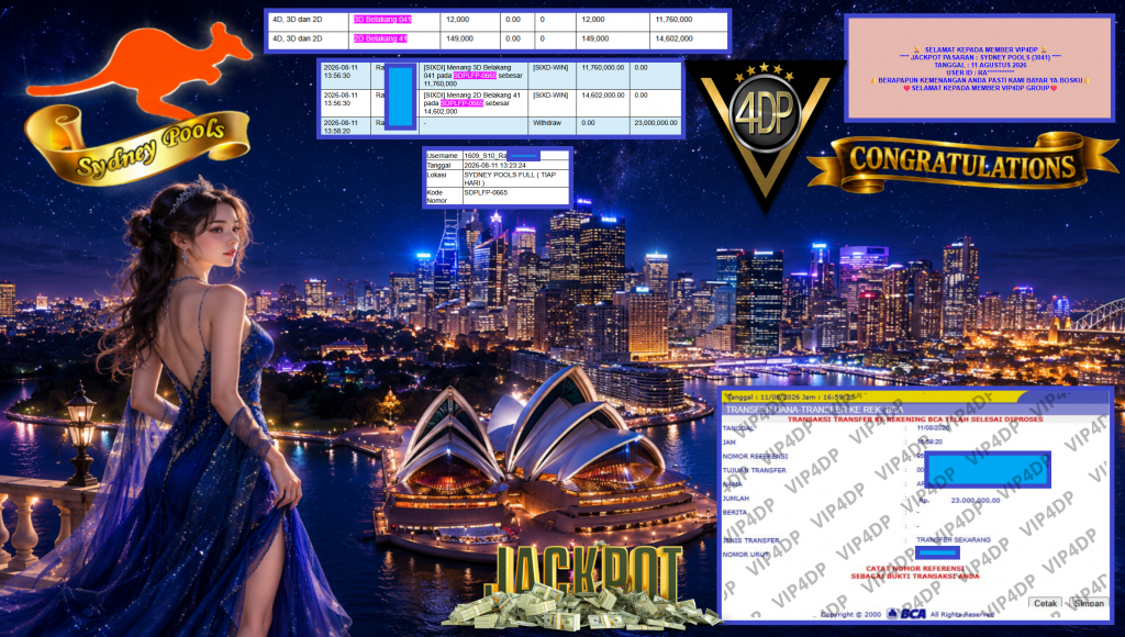 VIP4DP JACKPOT PASARAN ” SYDNEY POOLS (3041) ” Rp23.000.000,- LUNAS