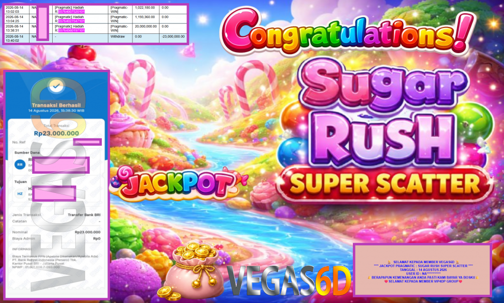 VEGAS6D JACKPOT PRAGMATIC ” SUGAR RUSH SUPER SCATTER ” Rp23.000.000,- LUNAS