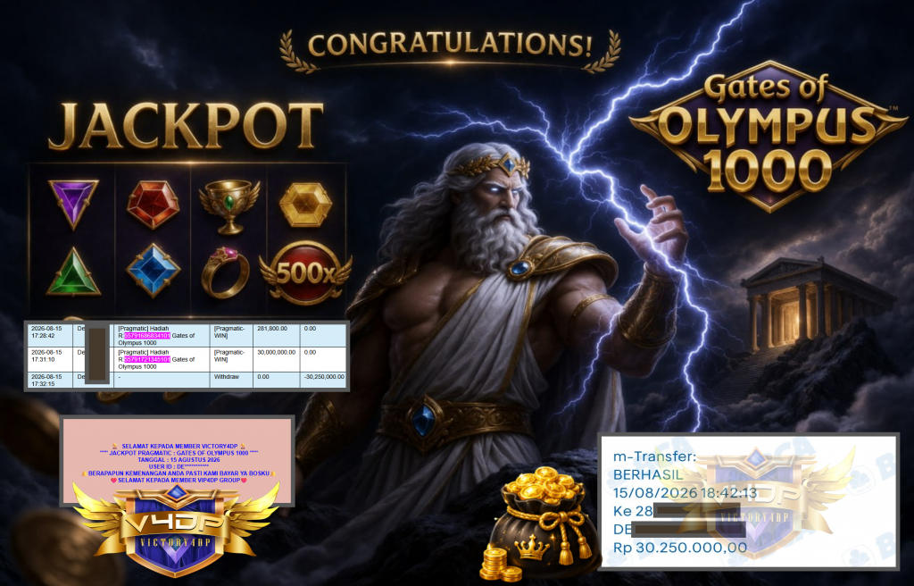 VICTORY4DP JACKPOT PRAGMATIC ” GATES OF OLYMPUS 1000 ” Rp30.250.000,- LUNAS