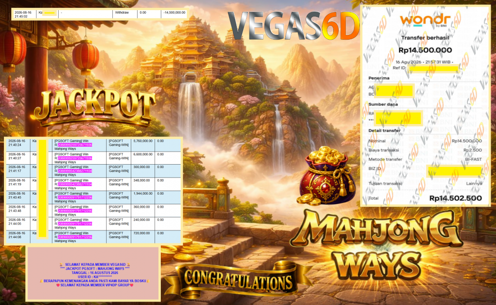 VEGAS6D JACKPOT PGSOFT ” MAHJONG WAYS ” Rp14.500.000,- LUNAS