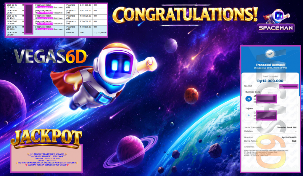 VEGAS6D JACKPOT PRAGMATIC ” SPACEMAN ” Rp12.000.000,- LUNAS