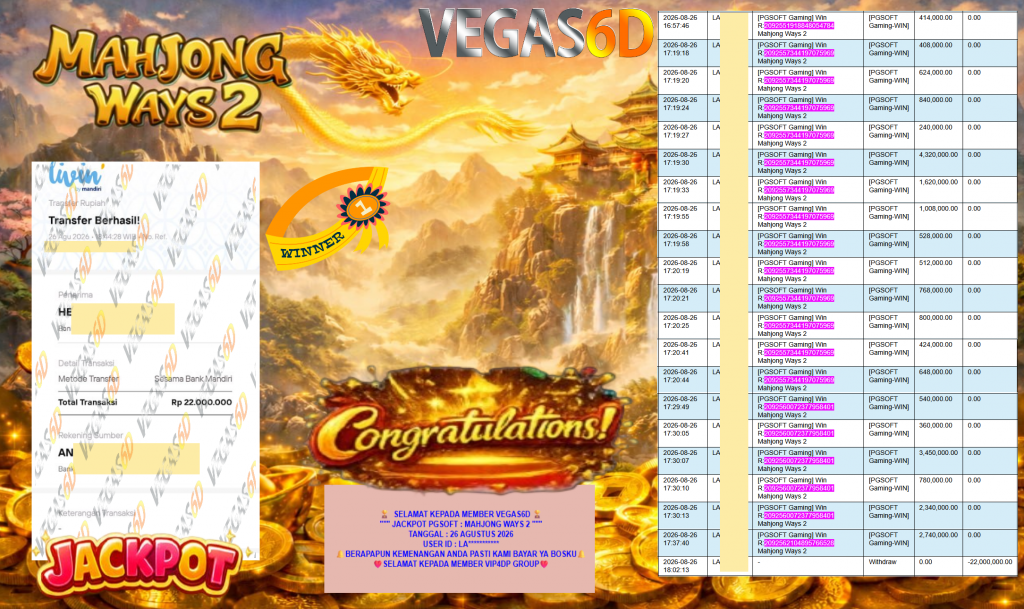 VEGAS6D JACKPOT PGSOFT ” MAHJONG WAYS 2 ” Rp22.000.000,- LUNAS