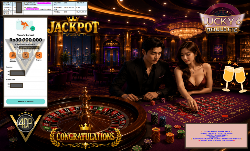 VIP4DP JACKPOT PRAGMATIC ” LUCKY 6 ROULETTE ” Rp30.000.000,- LUNAS