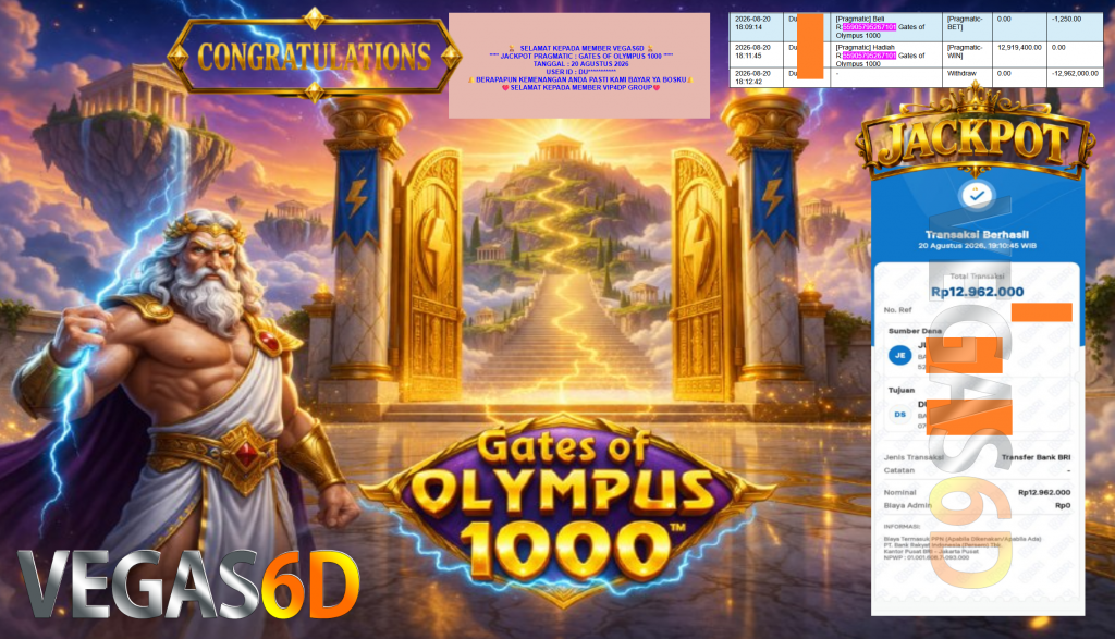 VEGAS6D JACKPOT PRAGMATIC ” GATES OF OLYMPUS 1000 ” Rp12.962.000,- LUNAS