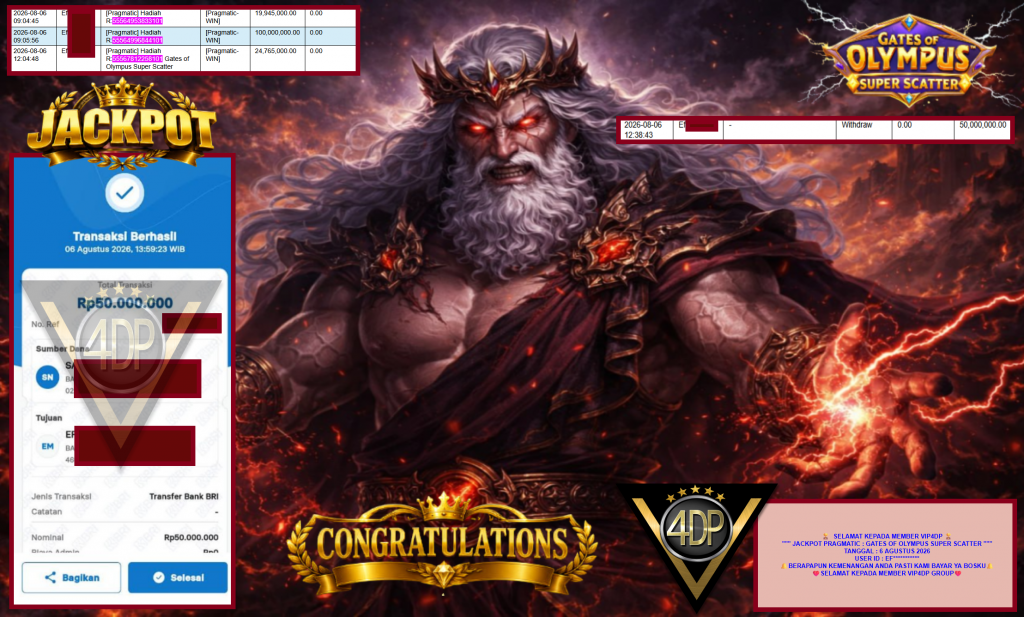 VIP4DP JACKPOT PRAGMATIC ” GATES OF OLYMPUS SUPER SCATTER ” Rp50.000.000,- LUNAS