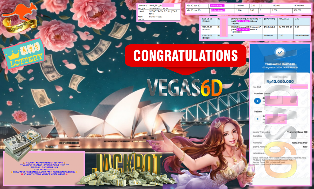 VEGAS6D JACKPOT PASARAN ” SYDNEY POOLS (7037) ” Rp13.000.000,- LUNAS