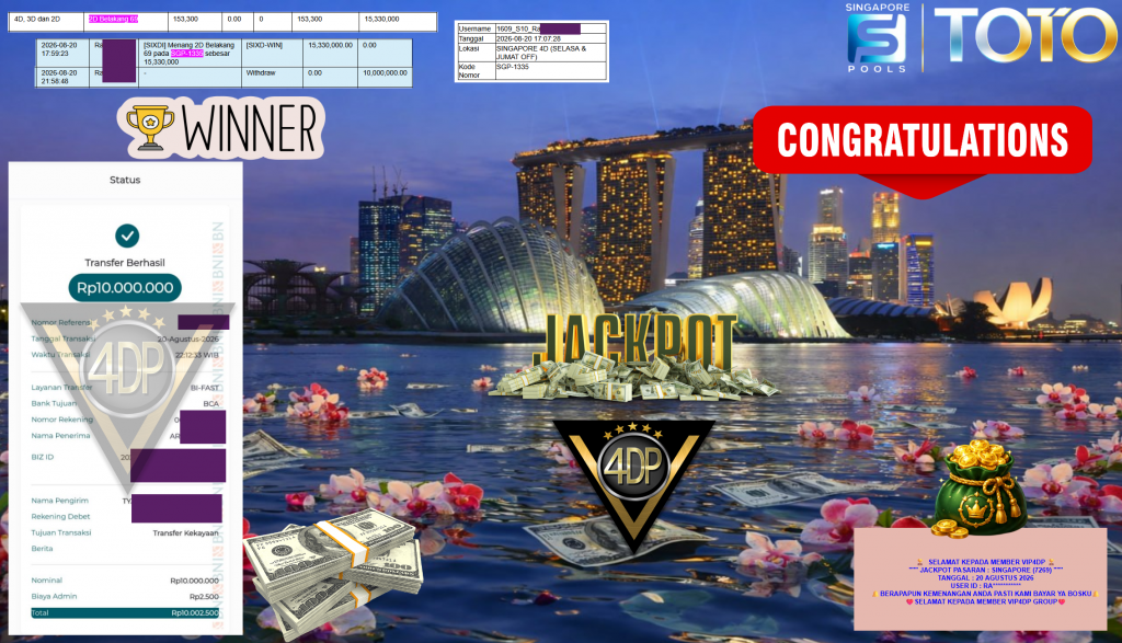 VIP4DP JACKPOT PASARAN ” SINGAPORE (7269) ” Rp10.000.000,- LUNAS