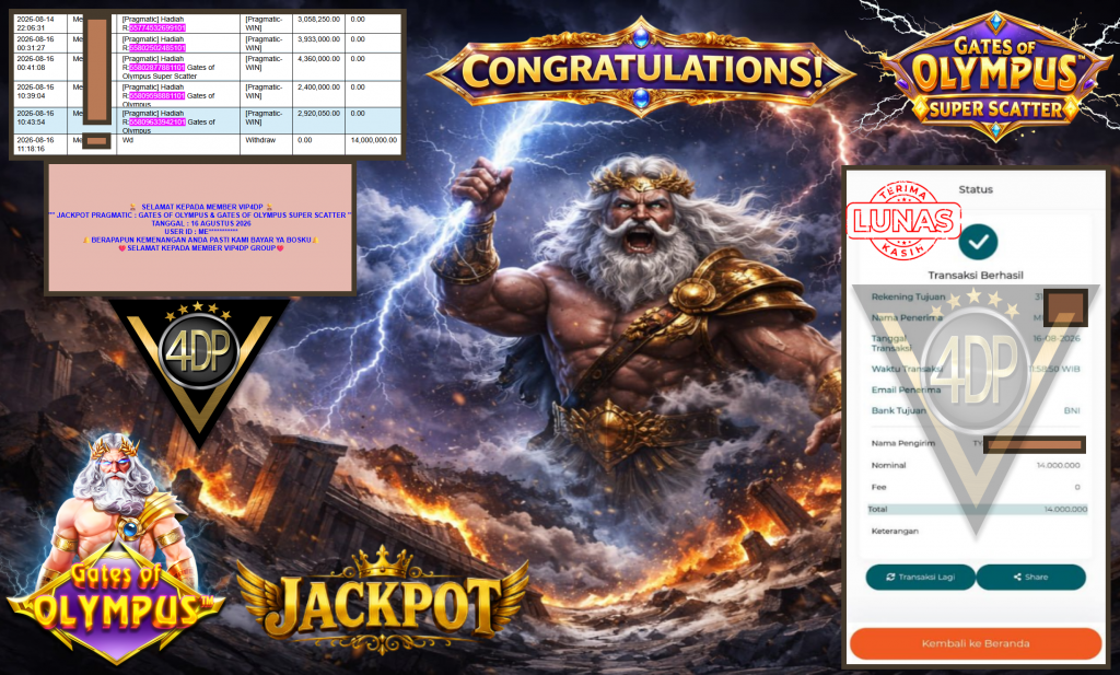 VIP4DP JACKPOT PRAGMATIC ” GATES OF OLYMPUS & GATES OF OLYMPUS SUPER SCATTER ” Rp14.000.000,- LUNAS