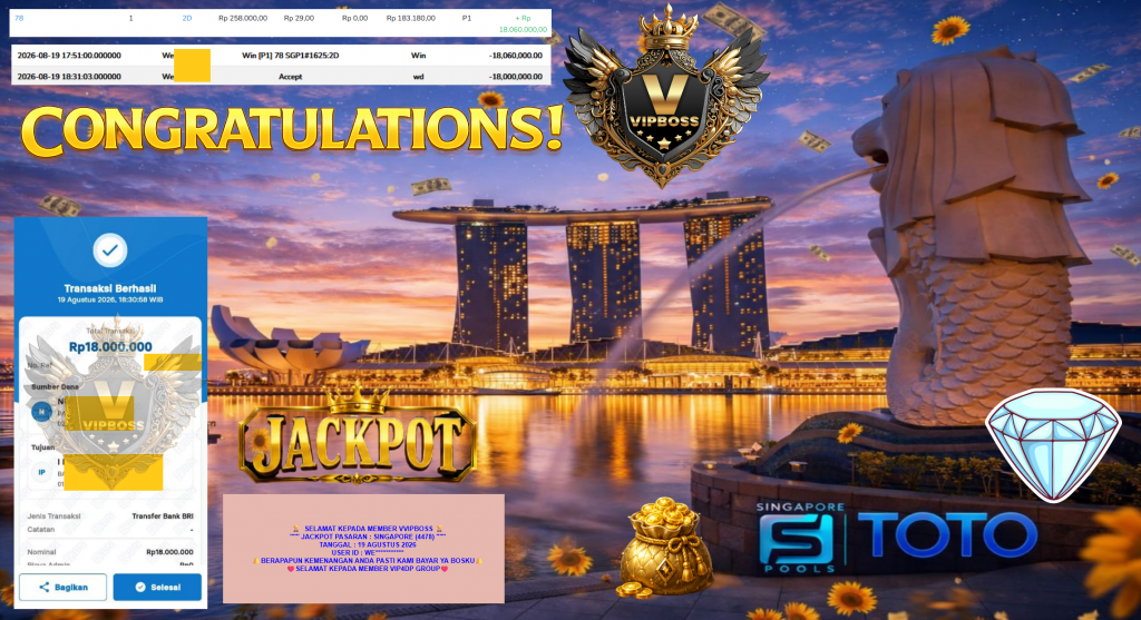 VVIPBOSS JACKPOT PASARAN ” SINGAPORE (4478) ” Rp18.000.000,- LUNAS