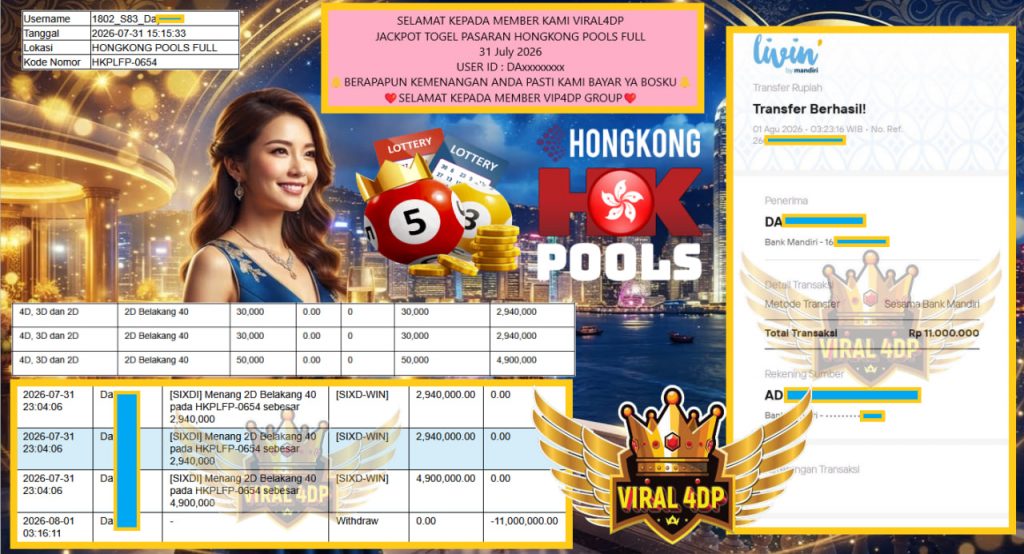 VIRAL4DP JACKPOT TOGEL PASARAN HONGKONG POOLS FULL Rp 11.000.000,- LUNAS