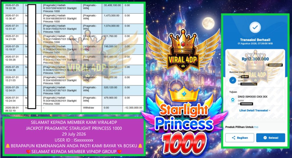VIRAL4DP JACKPOT PRAGMATIC STARLIGHT PRINCESS 1000 Rp 12.300.000,- LUNAS