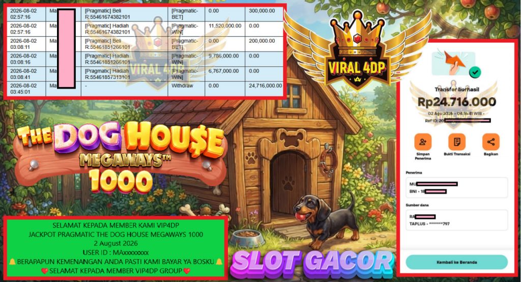 VIP4DP JACKPOT PRAGMATIC THE DOG HOUSE MEGAWAYS 1000 Rp 24.716.000,- LUNAS