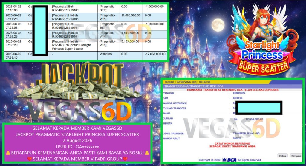 VEGAS6D JACKPOT PRAGMATIC STARLIGHT PRINCESS SUPER SCATTER Rp 17.068.000,- LUNAS