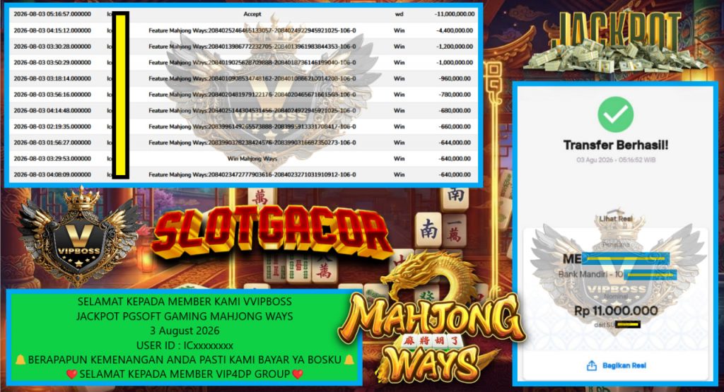 VVIPBOSS JACKPOT PGSOFT GAMING MAHJONG WAYS Rp 11.000.000,- LUNAS