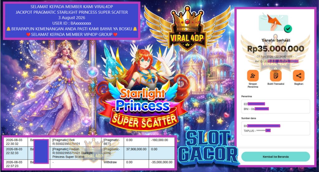 VIRAL4DP JACKPOT PRAGMATIC STARLIGHT PRINCESS SUPER SCATTER Rp 35.000.000,- LUNAS