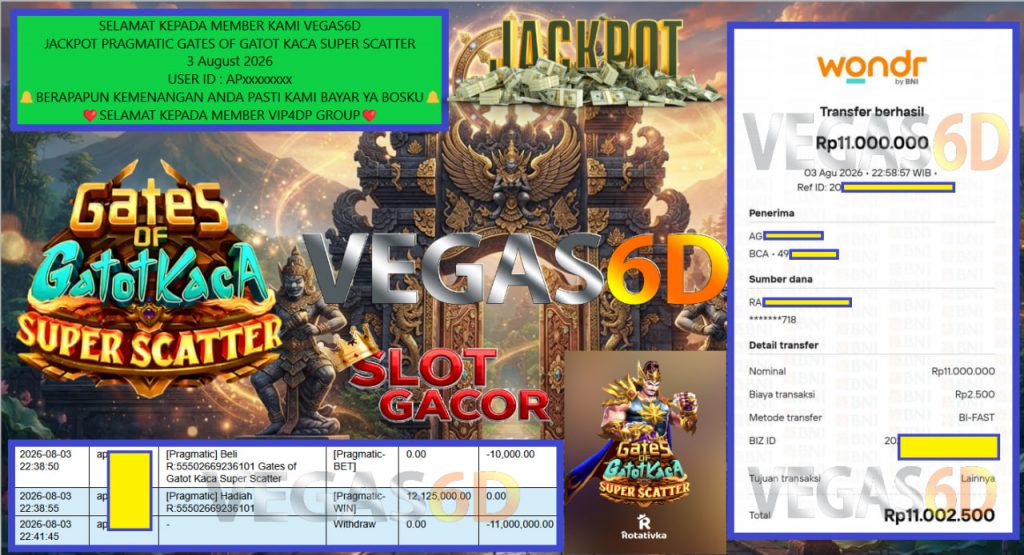 VEGAS6D JACKPOT PRAGMATIC GATES OF GATOT KACA SUPER SCATTER Rp 11.000.000,- LUNAS