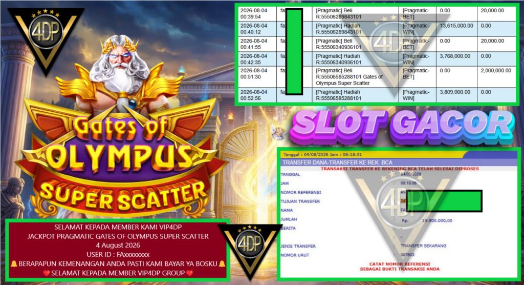 VIP4DP JACKPOT PRAGMATIC GATES OF OLYMPUS SUPER SCATTER Rp 19.900.000,- LUNAS