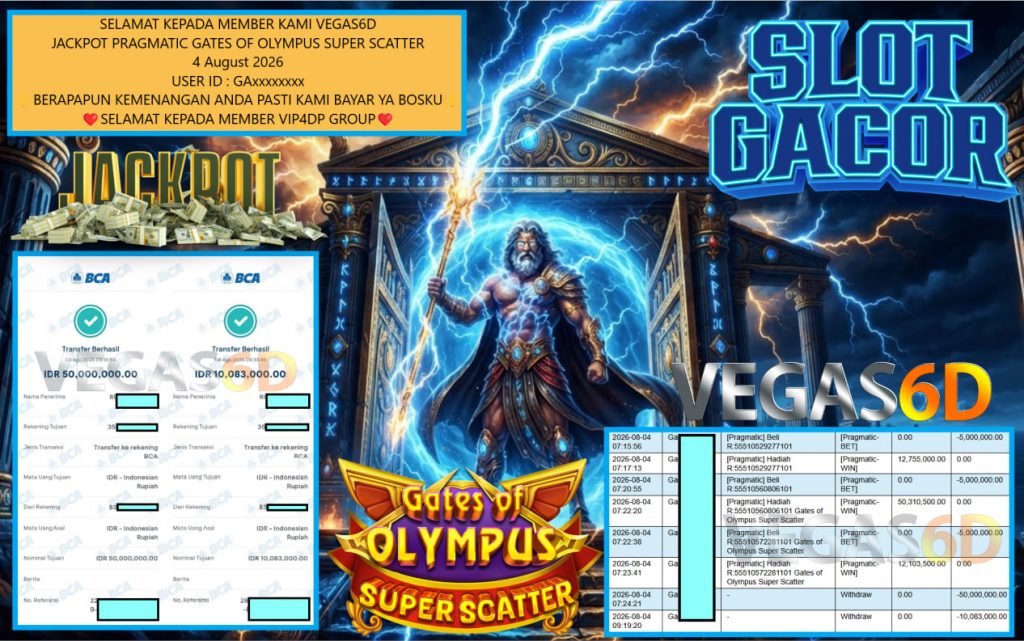 VEGAS6D JACKPOT PRAGMATIC GATES OF OLYMPUS SUPER SCATTER Rp 60.083.000,- LUNAS