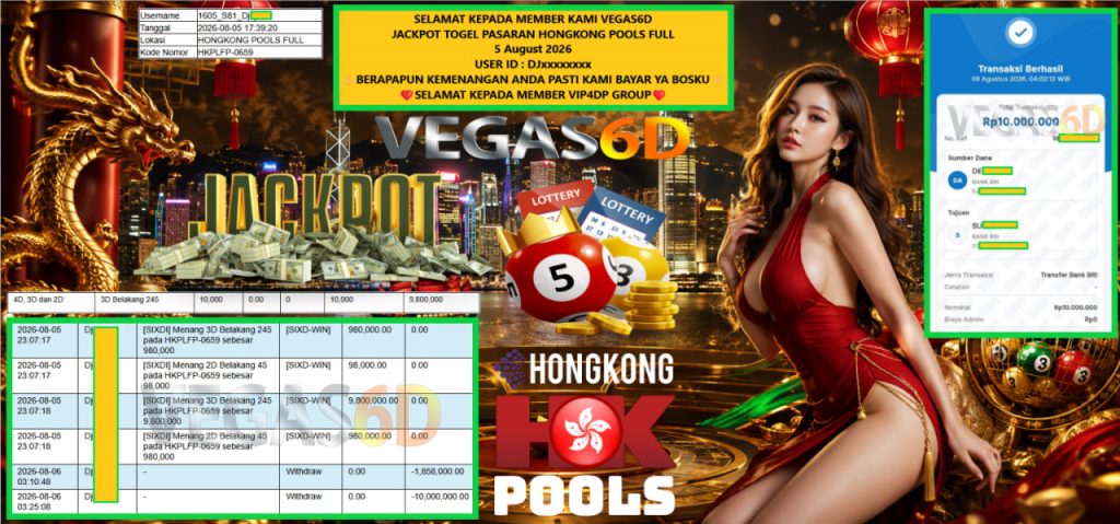 VEGAS6D JACKPOT TOGEL PASARAN HONGKONG POOLS FULL Rp 10.000.000,- LUNAS