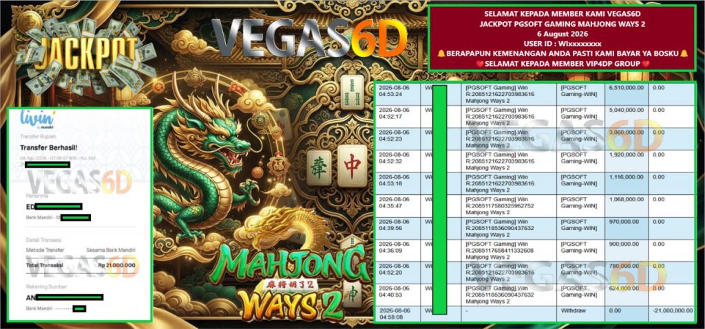 VEGAS6D JACKPOT PGSOFT GAMING MAHJONG WAYS 2 Rp 21.000.000,- LUNAS