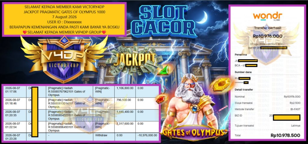 VICTORY4DP JACKPOT PRAGMATIC GATES OF OLYMPUS 1000 Rp 10.976.000,- LUNAS