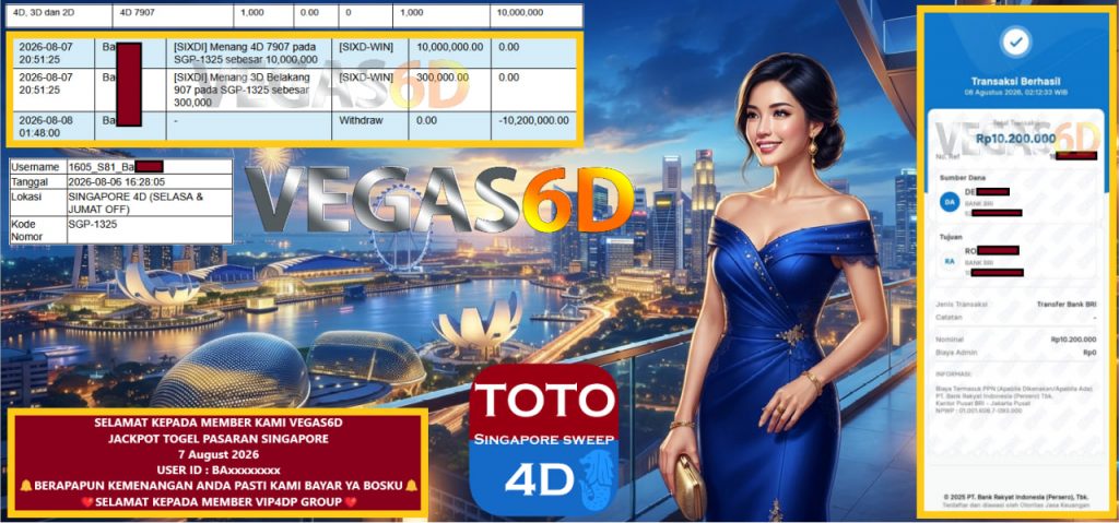 VEGAS6D JACKPOT TOGEL PASARAN SINGAPORE Rp 10.200.000,- LUNAS