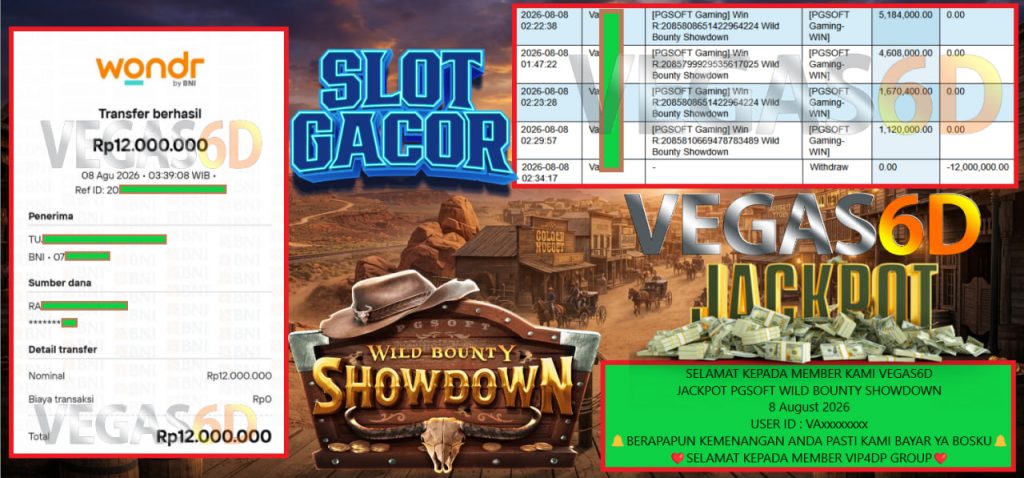 VEGAS6D JACKPOT PGSOFT WILD BOUNTY SHOWDOWN Rp 12.000.000,- LUNAS