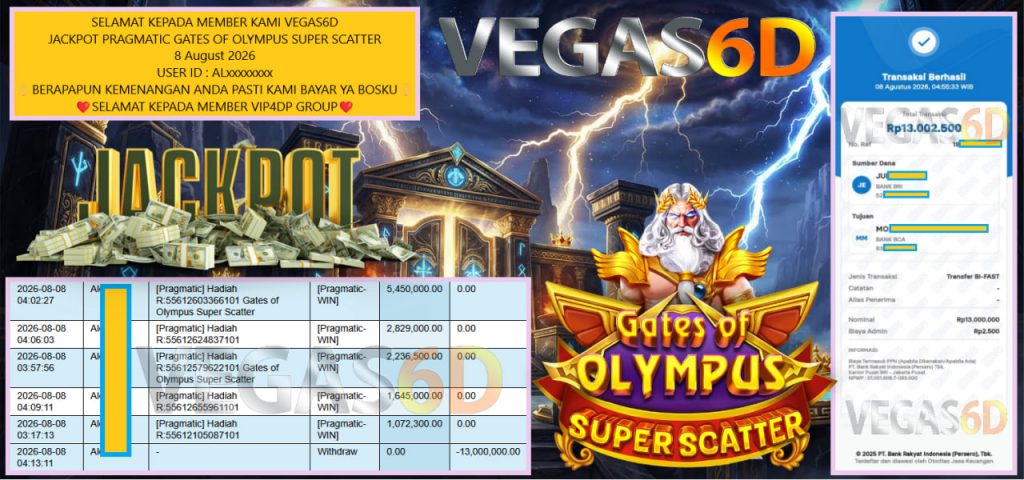 VEGAS6D JACKPOT PRAGMATIC GATES OF OLYMPUS SUPER SCATTER Rp 13.000.000,- LUNAS