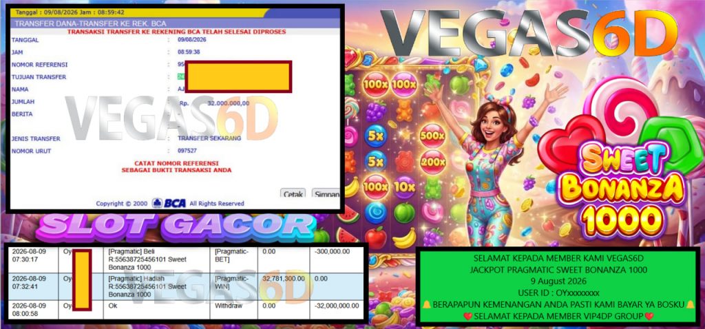 VEGAS6D JACKPOT PRAGMATIC SWEET BONANZA 1000 Rp 32.000.000,- LUNAS