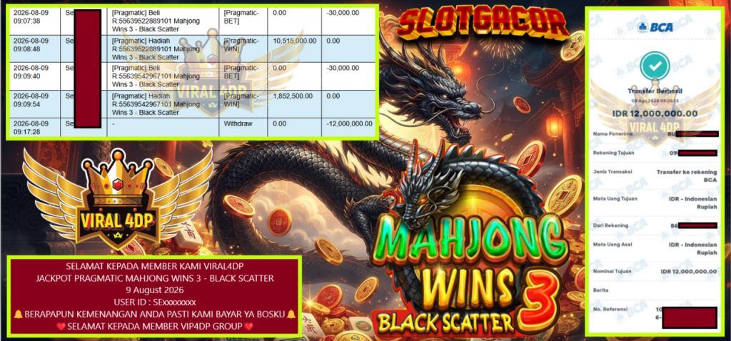 VIRAL4DP JACKPOT PRAGMATIC MAHJONG WINS 3 – BLACK SCATTER Rp 12.000.000,- LUNAS