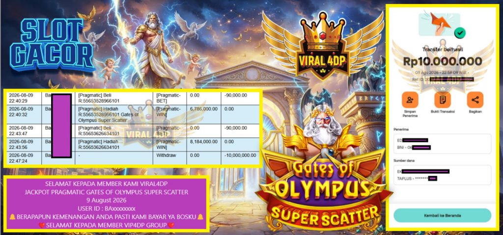 VIRAL4DP JACKPOT PRAGMATIC GATES OF OLYMPUS SUPER SCATTER Rp 10.000.000,- LUNAS
