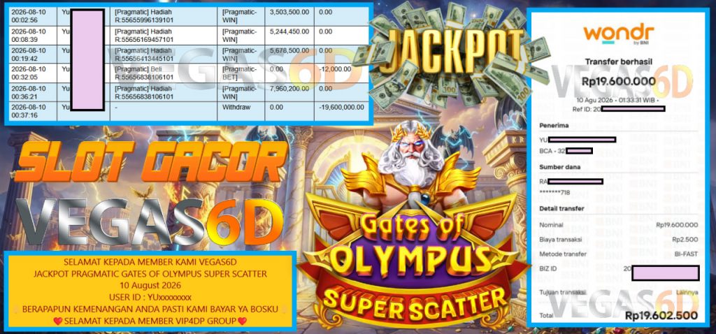 VEGAS6D JACKPOT PRAGMATIC GATES OF OLYMPUS SUPER SCATTER Rp 19.600.000,- LUNAS