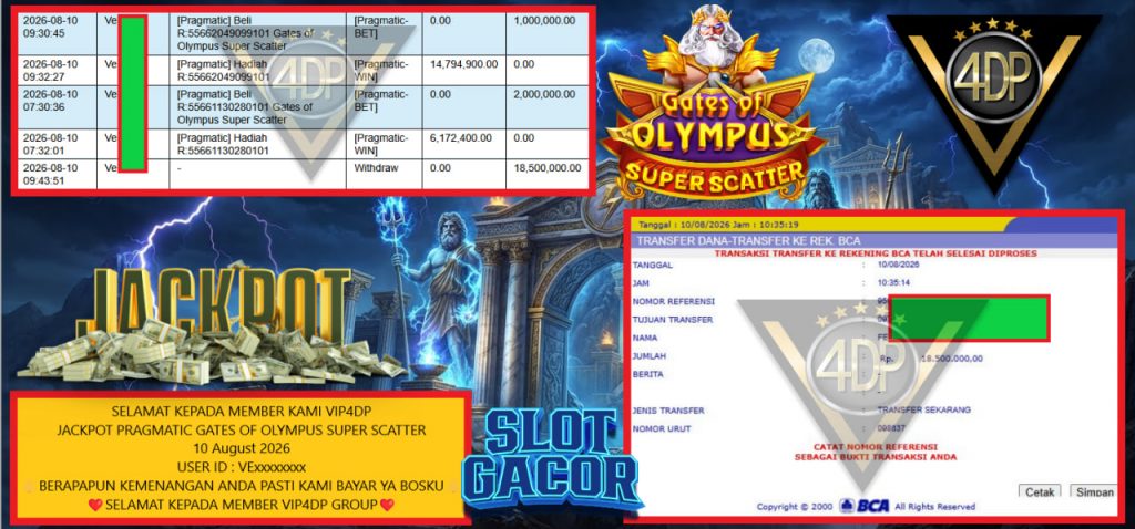 VIP4DP JACKPOT PRAGMATIC GATES OF OLYMPUS SUPER SCATTER Rp 18.500.000,- LUNAS
