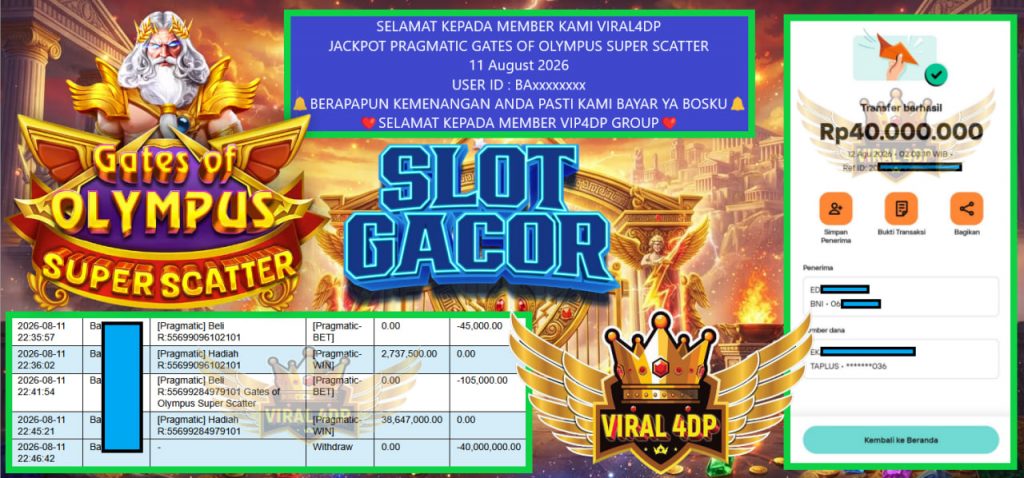 VIRAL4DP JACKPOT PRAGMATIC GATES OF OLYMPUS SUPER SCATTER Rp 40.000.000,- LUNAS