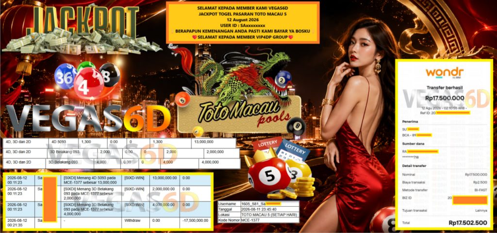 VEGAS6D JACKPOT TOGEL PASARAN TOTO MACAU 5 Rp 17.500.000,- LUNAS