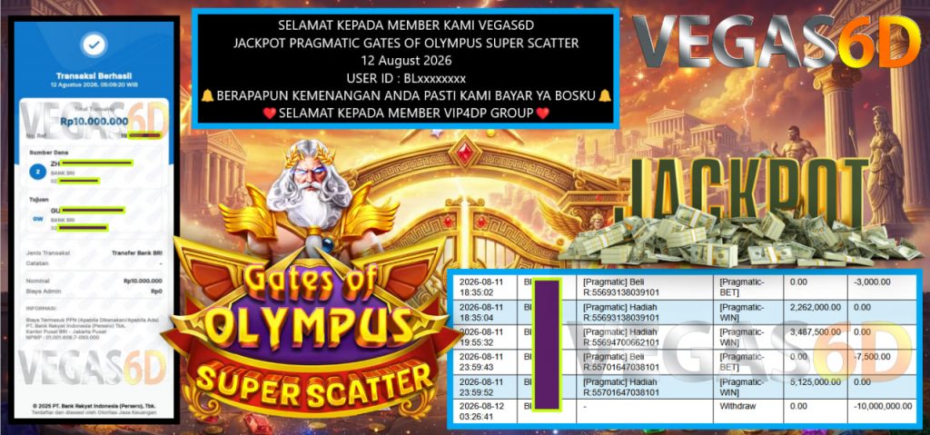 VEGAS6D JACKPOT PRAGMATIC GATES OF OLYMPUS SUPER SCATTER Rp 10.000.000,- LUNAS