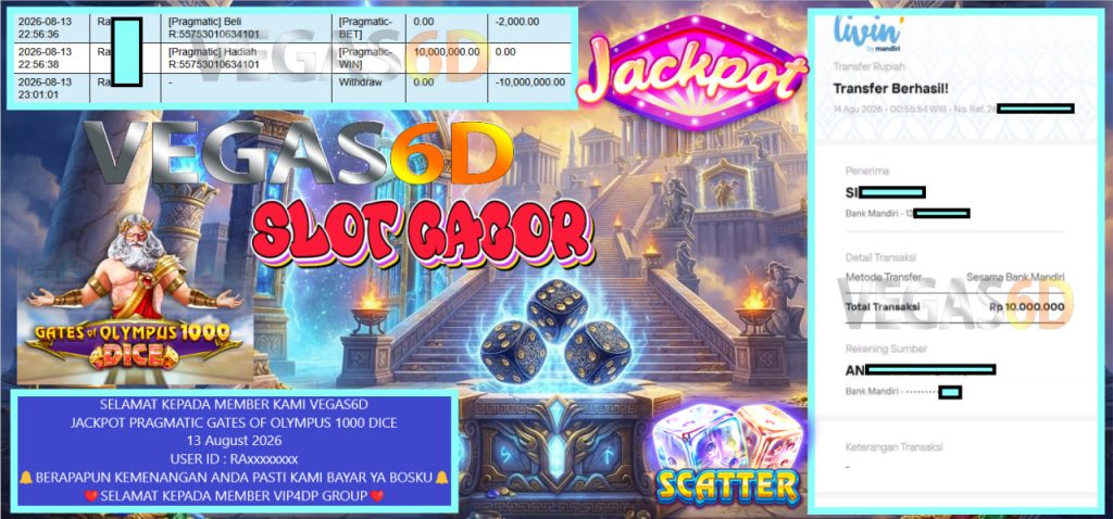 VEGAS6D JACKPOT PRAGMATIC GATES OF OLYMPUS 1000 DICE Rp 10.000.000,- LUNAS