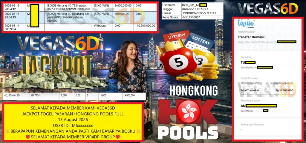 VEGAS6D JACKPOT TOGEL PASARAN HONGKONG POOLS FULL Rp 10.500.000,- LUNAS