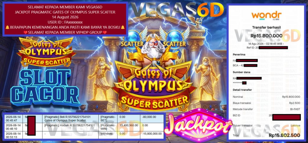 VEGAS6D JACKPOT PRAGMATIC GATES OF OLYMPUS SUPER SCATTER Rp 15.800.000,- LUNAS