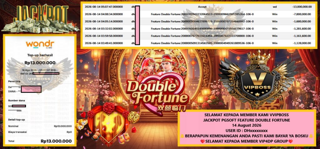 VVIPBOSS JACKPOT PGSOFT FEATURE DOUBLE FORTUNE Rp 13.000.000,- LUNAS